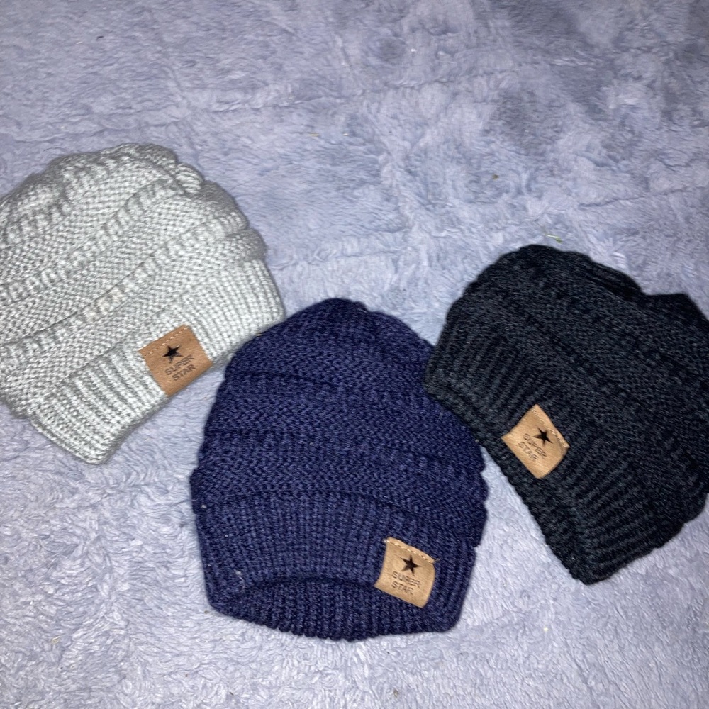 Cozy 100% Acrylic Baby Beanie Set - Gray, Navy, Black